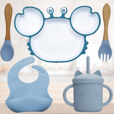 EASY-EAT™ | SET D'ASSIETTE CRABE DIVISÉ(assiette+bavoire+ustensile +goblet avec paille)